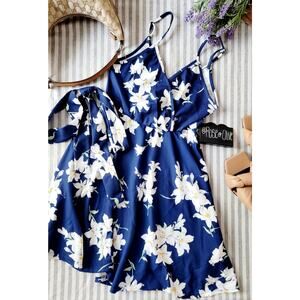 Blue and White Floral Print Front Belted Sleeveless Cami Summer Dress